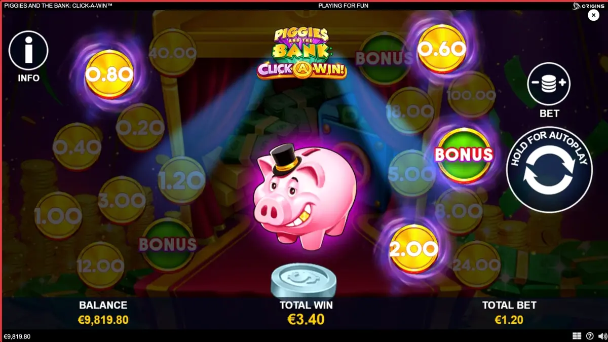 Interface do jogo Piggies and the Bank: Click-A-Win com porquinho elegante e moedas douradas
